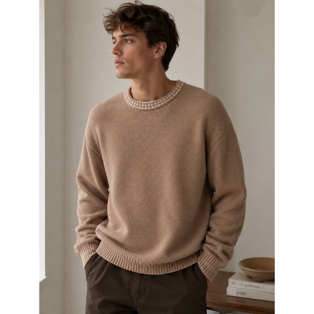 Manana Austin Texas Mens Tan Cotton Wool Cashmere Textured Crewneck Sweater L
